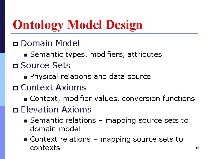 Ontology Model Design p Domain Model n p Source Sets n p Physical relations