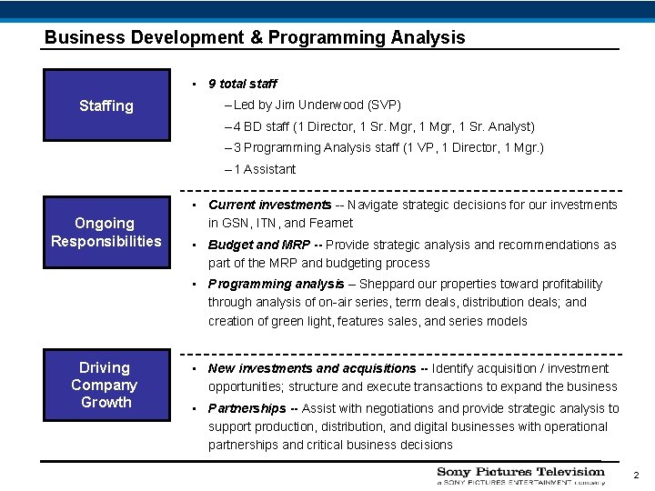 Business Development & Programming Analysis • 9 total staff Staffing – Led by Jim
