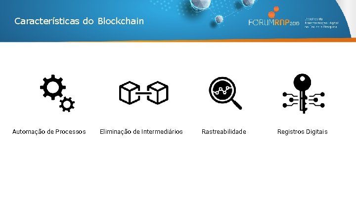 Características do Blockchain Automação de Processos Eliminação de Intermediários Rastreabilidade Registros Digitais 