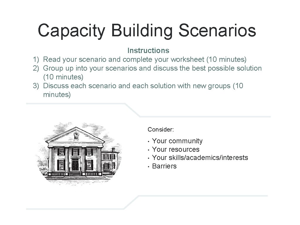 Capacity Building Scenarios Instructions 1) Read your scenario and complete your worksheet (10 minutes)