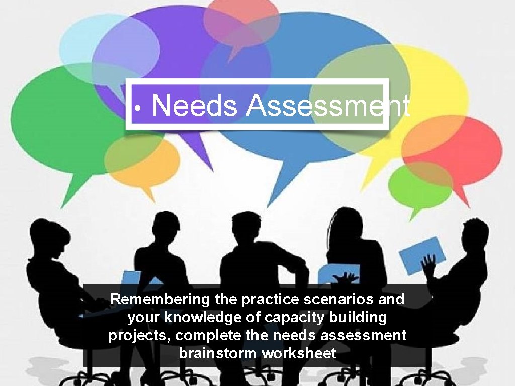  • Needs Assessment Remembering the practice scenarios and your knowledge of capacity building