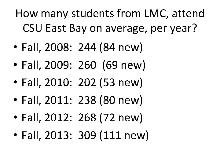 How many students from LMC, attend CSU East Bay on average, per year? •