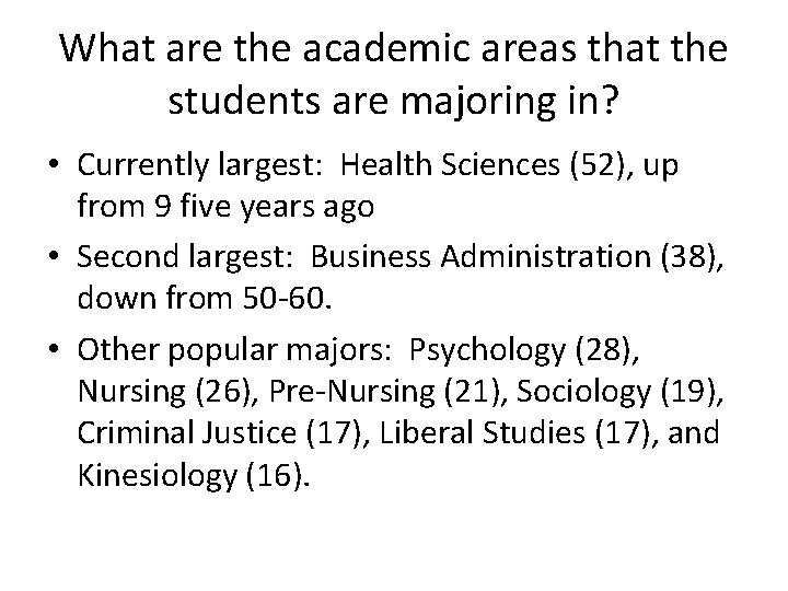 What are the academic areas that the students are majoring in? • Currently largest: