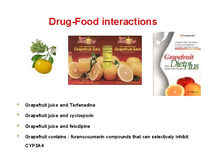 Drug-Food interactions • • Grapefruit juice and Terfenadine Grapefruit juice and cyclosporin Grapefruit juice