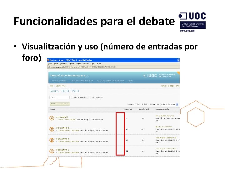 Funcionalidades para el debate • Visualitzación y uso (número de entradas por foro) 