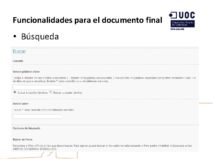 Funcionalidades para el documento final • Búsqueda 