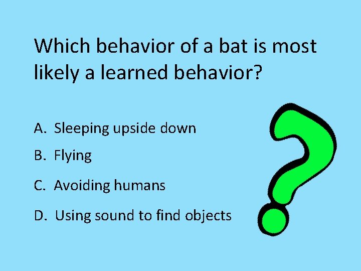 Which behavior of a bat is most likely a learned behavior? A. Sleeping upside