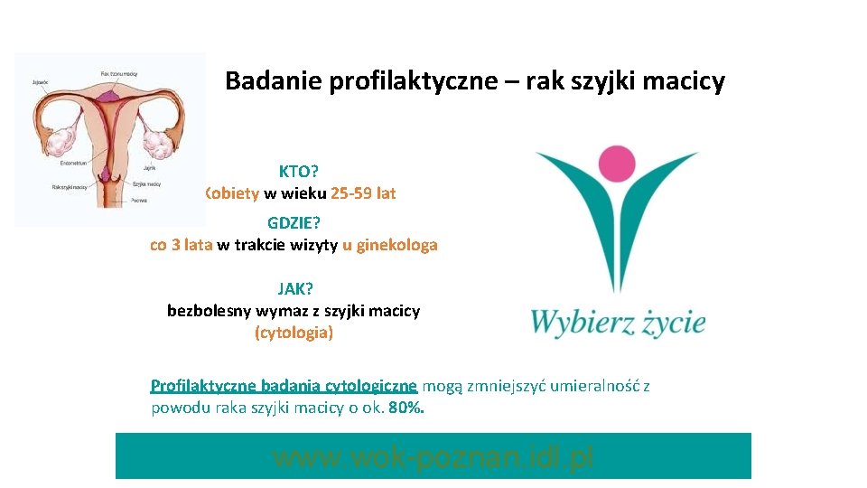 Badanie profilaktyczne – rak szyjki macicy KTO? Kobiety w wieku 25 -59 lat GDZIE?