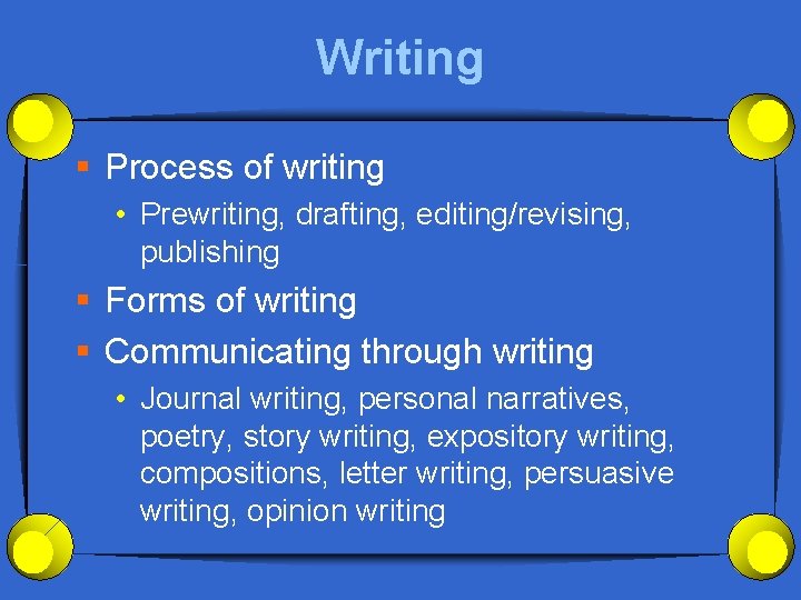 Writing § Process of writing • Prewriting, drafting, editing/revising, publishing § Forms of writing