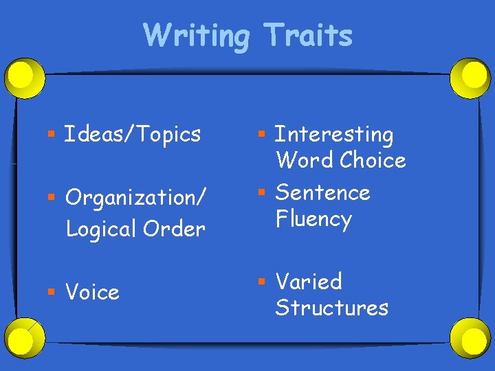 Writing Traits § Ideas/Topics § Organization/ Logical Order § Voice § Interesting Word Choice