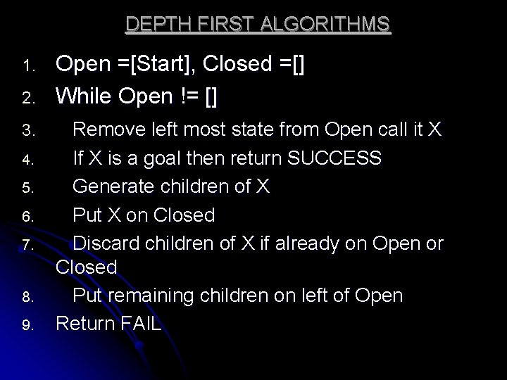 DEPTH FIRST ALGORITHMS 1. 2. 3. 4. 5. 6. 7. 8. 9. Open =[Start],