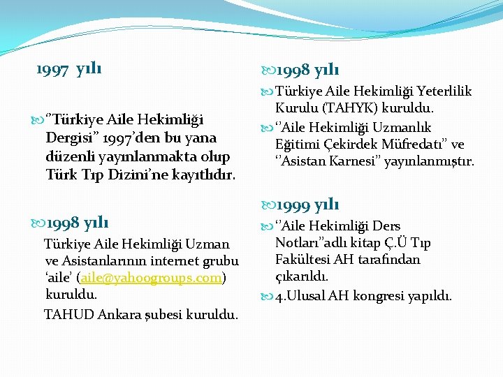 1997 yılı ‘’Türkiye Aile Hekimliği Dergisi’’ 1997’den bu yana düzenli yayınlanmakta olup Türk Tıp