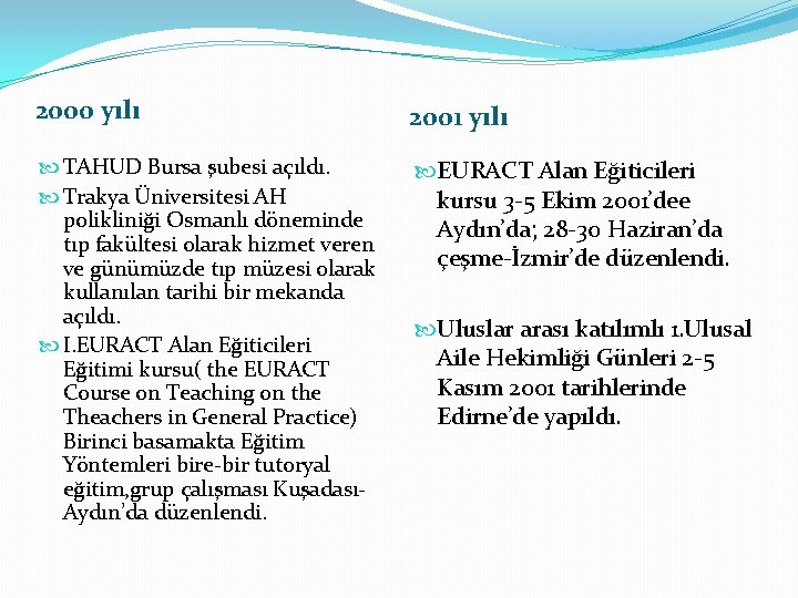 2000 yılı 2001 yılı TAHUD Bursa şubesi açıldı. Trakya Üniversitesi AH polikliniği Osmanlı döneminde