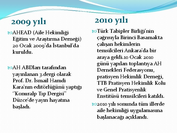 2009 yılı AHEAD (Aile Hekimliği Eğitim ve Araştırma Derneği) 20 Ocak 2009’da İstanbul’da kuruldu.