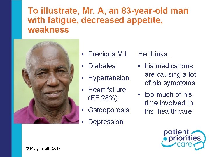 To illustrate, Mr. A, an 83 -year-old man with fatigue, decreased appetite, weakness •