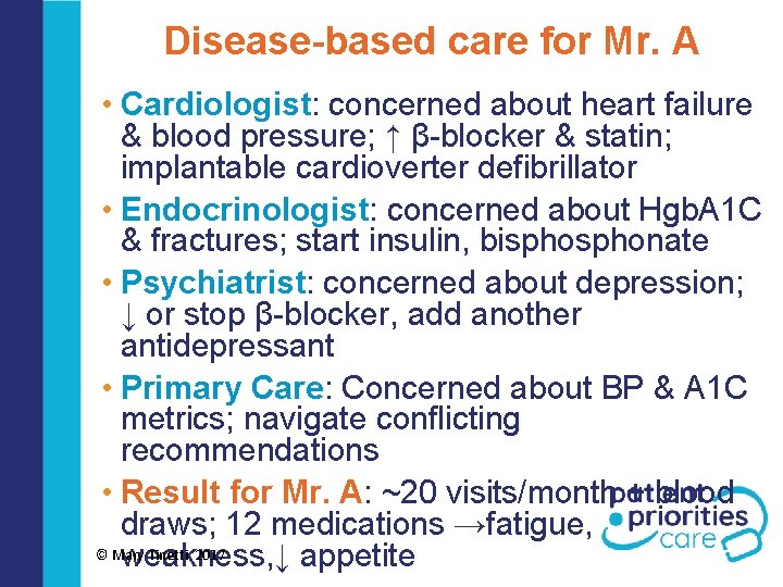 Disease-based care for Mr. A • Cardiologist: concerned about heart failure & blood pressure;