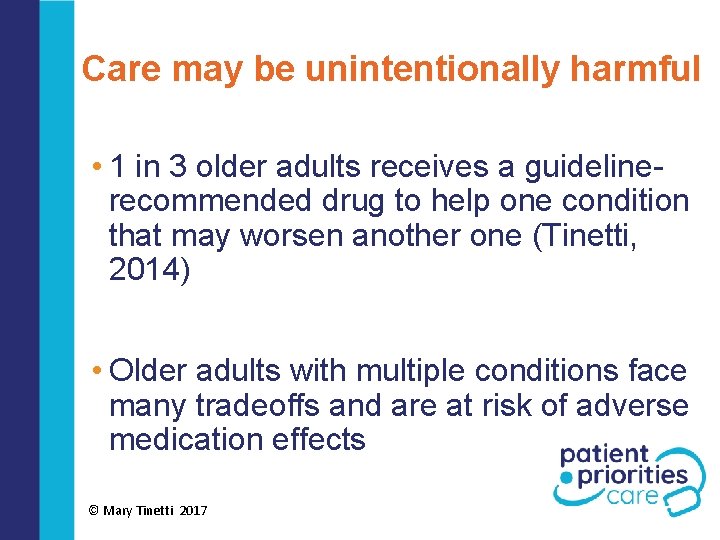 Care may be unintentionally harmful • 1 in 3 older adults receives a guidelinerecommended