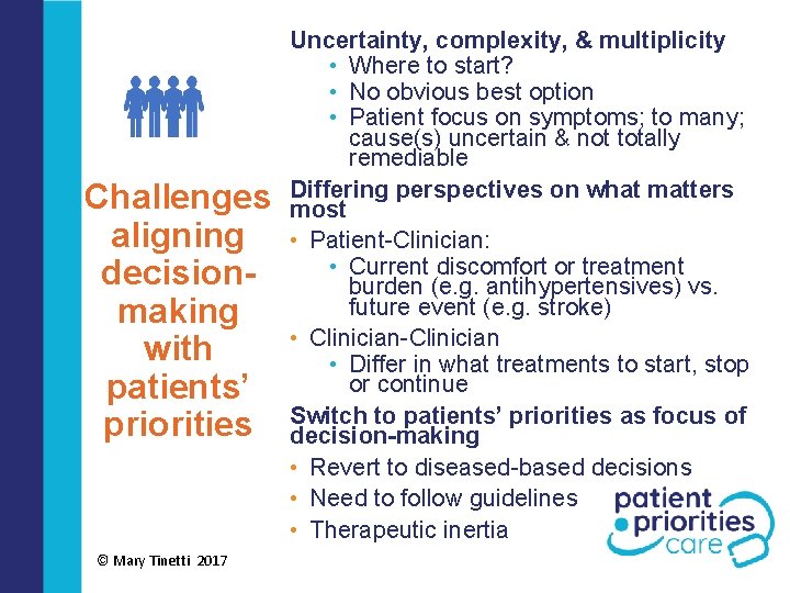 Challenges aligning decisionmaking with patients’ priorities © Mary Tinetti 2017 Uncertainty, complexity, & multiplicity