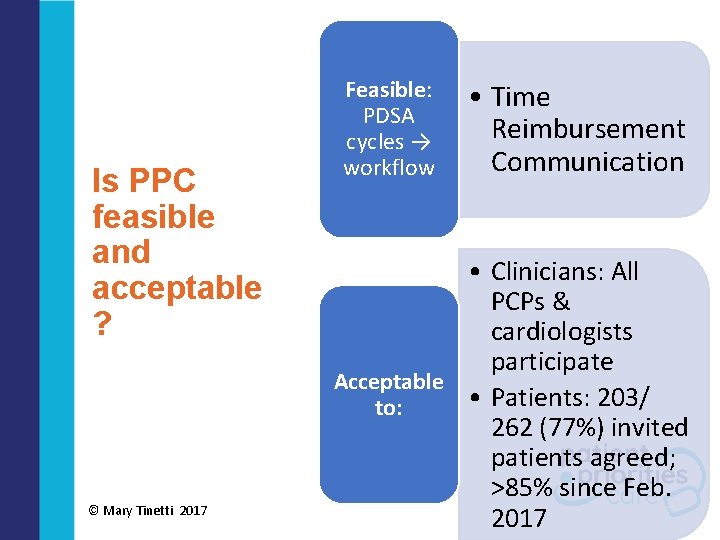 Is PPC feasible and acceptable ? © Mary Tinetti 2017 Feasible: PDSA cycles →