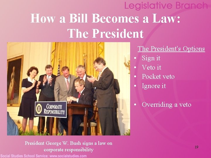 How a Bill Becomes a Law: The President’s Options • Sign it • Veto