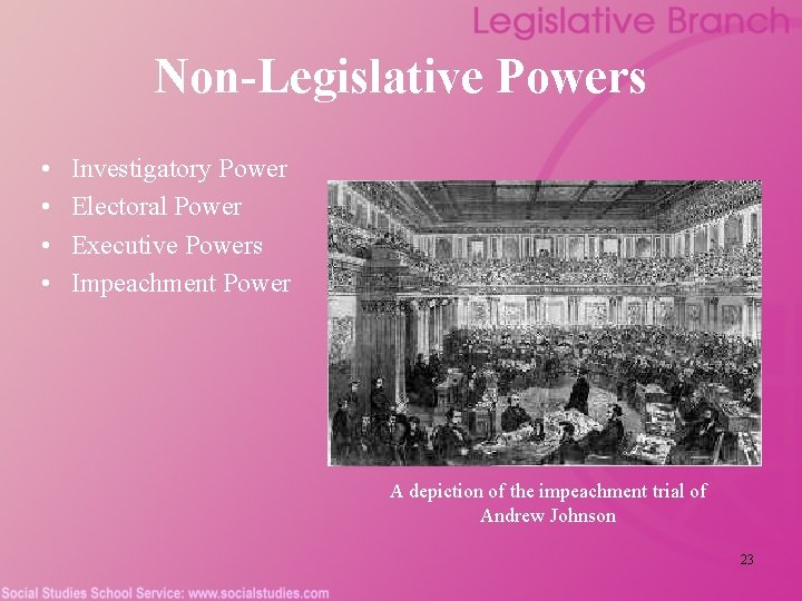 Non-Legislative Powers • • Investigatory Power Electoral Power Executive Powers Impeachment Power A depiction