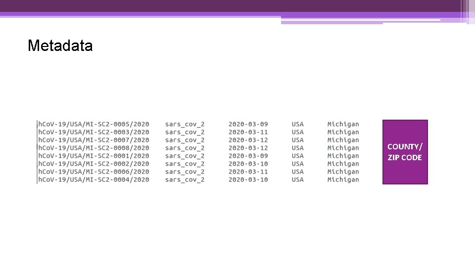 Metadata COUNTY/ ZIP CODE 