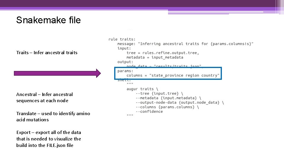 Snakemake file Traits – Infer ancestral traits Ancestral – Infer ancestral sequences at each