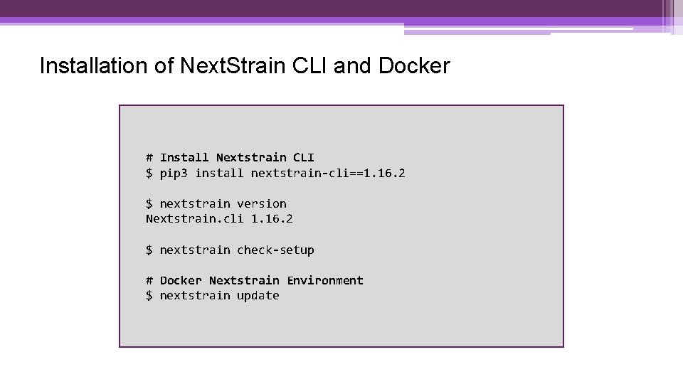 Installation of Next. Strain CLI and Docker # Install Nextstrain CLI $ pip 3