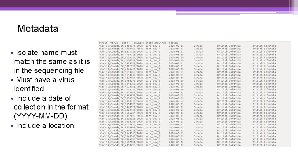 Metadata • Isolate name must match the same as it is in the sequencing