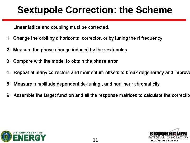 Sextupole Correction: the Scheme Linear lattice and coupling must be corrected. 1. Change the