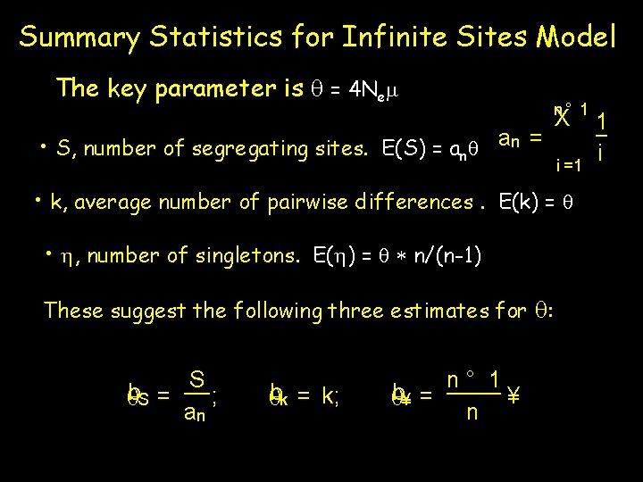 Summary Statistics for Infinite Sites Model The key parameter is q = 4 Nem