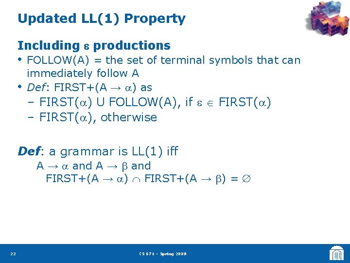 Updated LL(1) Property Including productions • • FOLLOW(A) = the set of terminal symbols
