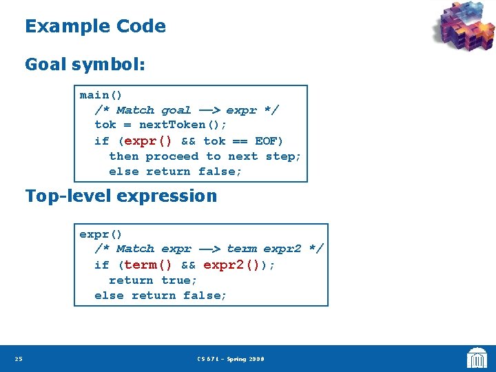 Example Code Goal symbol: main() /* Match goal --> expr */ tok = next.