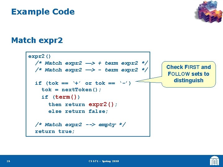 Example Code Match expr 2() /* Match expr 2 --> + term expr 2
