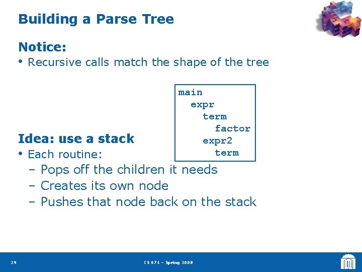 Building a Parse Tree Notice: • Recursive calls match the shape of the tree