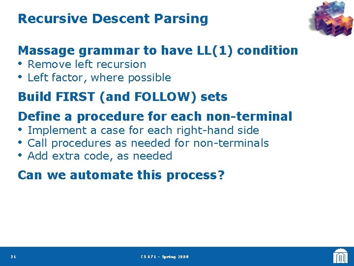Recursive Descent Parsing Massage grammar to have LL(1) condition • • Remove left recursion