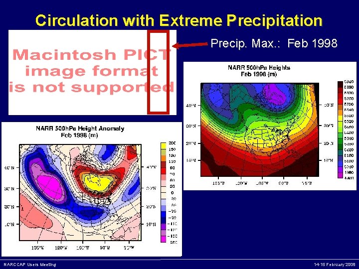 Circulation with Extreme Precipitation Precip. Max. : Feb 1998 NARCCAP Users Meeting 14 -15