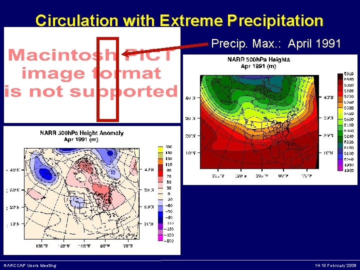 Circulation with Extreme Precipitation Precip. Max. : April 1991 NARCCAP Users Meeting 14 -15