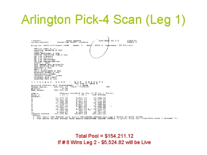 Arlington Pick-4 Scan (Leg 1) Total Pool = $154, 211. 12 If # 8