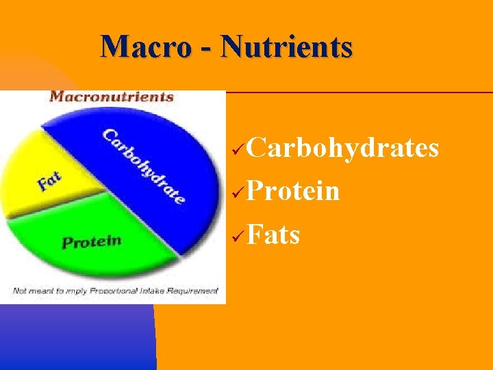 Macro - Nutrients Carbohydrates üProtein üFats ü 