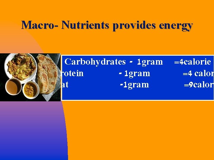 Macro- Nutrients provides energy Carbohydrates - 1 gram Protein - 1 gram Fat -1