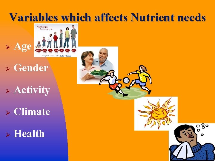 Variables which affects Nutrient needs Ø Age Ø Gender Ø Activity Ø Climate Ø