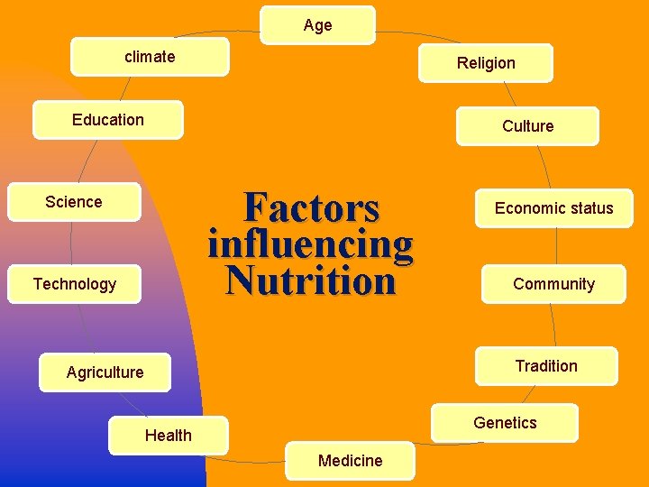 Age climate Religion Education Culture Factors influencing Nutrition Science Technology Economic status Community Tradition