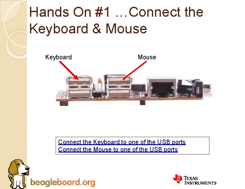 Hands On #1 …Connect the Keyboard & Mouse Keyboard Mouse Connect the Keyboard to
