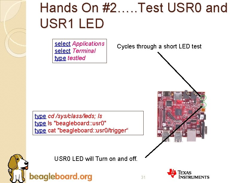 Hands On #2…. . Test USR 0 and USR 1 LED select Applications select