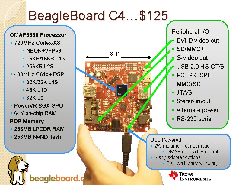 Beagle. Board C 4…$125 OMAP 3530 Processor § 720 MHz Cortex-A 8 § NEON+VFPv