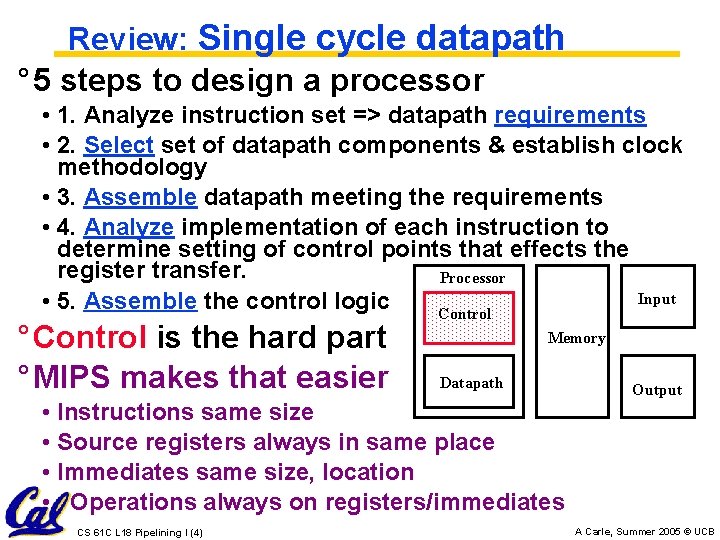 Review: Single cycle datapath ° 5 steps to design a processor • 1. Analyze