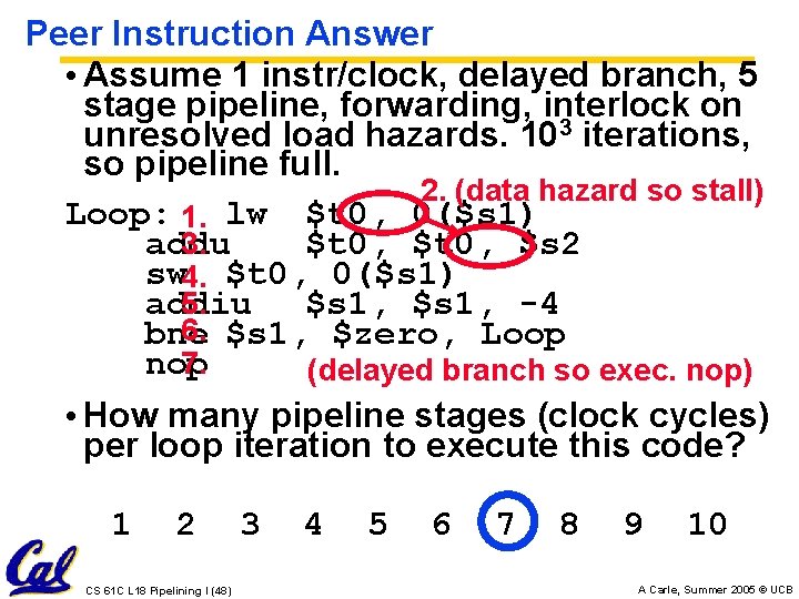 Peer Instruction Answer • Assume 1 instr/clock, delayed branch, 5 stage pipeline, forwarding, interlock