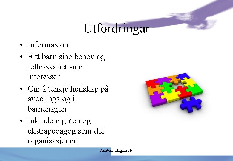 Utfordringar • Informasjon • Eitt barn sine behov og fellesskapet sine interesser • Om