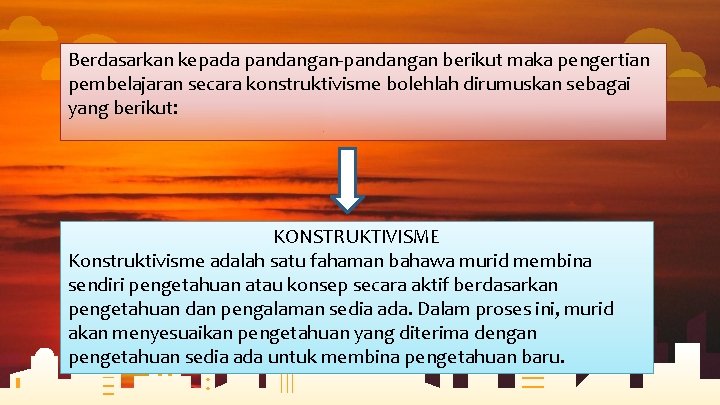 Berdasarkan kepada pandangan-pandangan berikut maka pengertian pembelajaran secara konstruktivisme bolehlah dirumuskan sebagai yang berikut:
